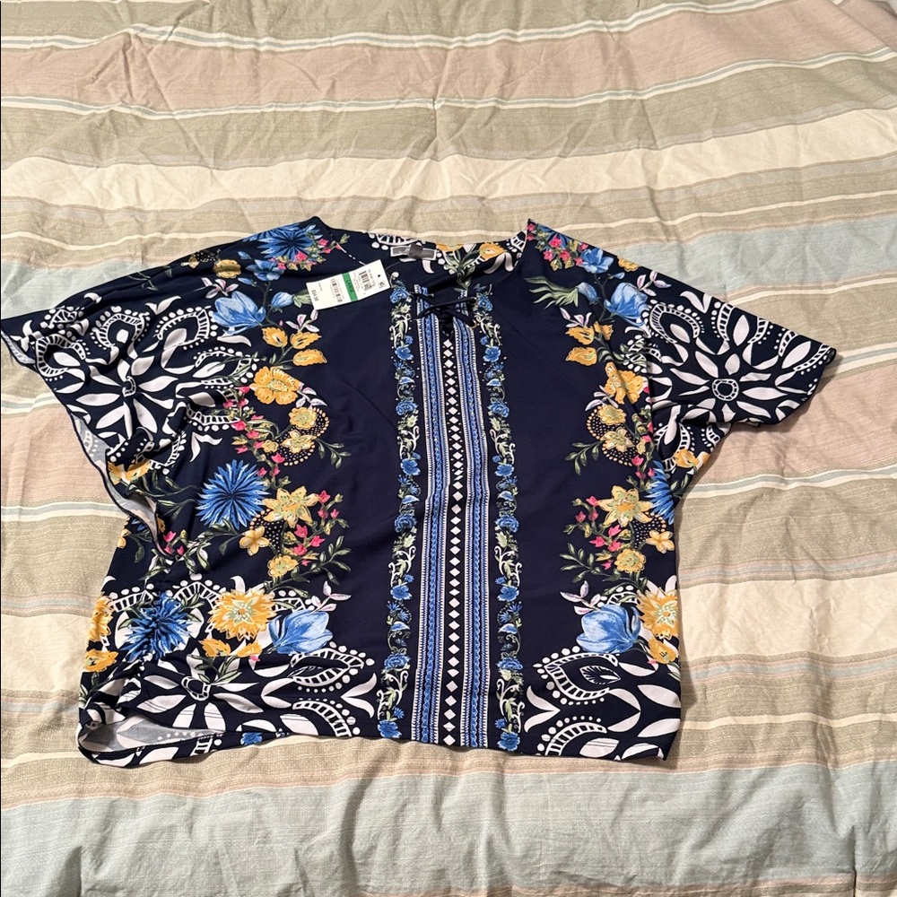 JM Collection Navy Floral Blouse